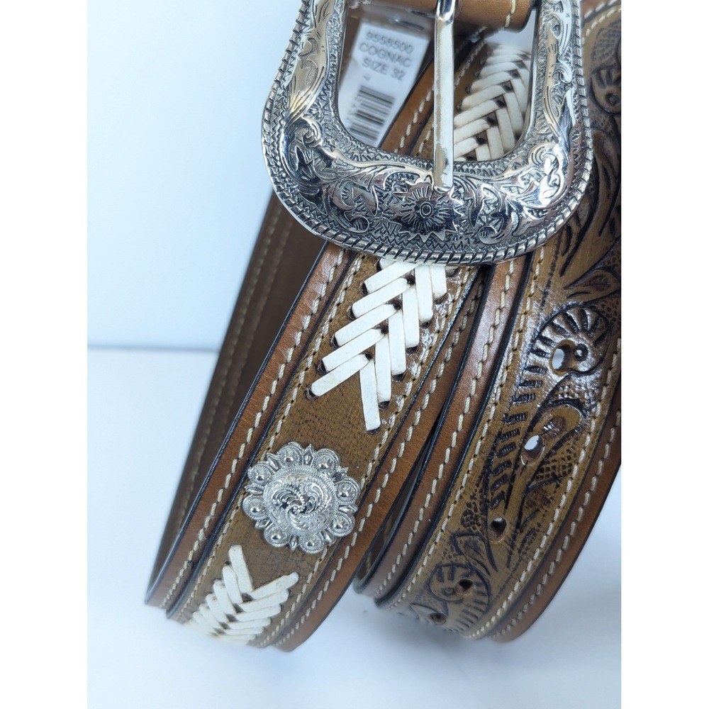 G Bar D Mens Cognac Leather Western Belt Floral Tooling Buckstitch Size 32 NWT
